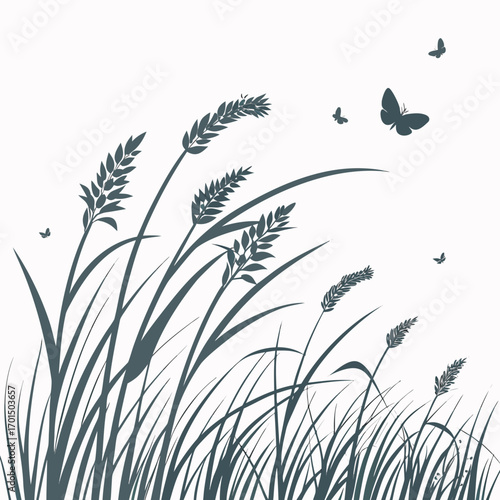 Delicate silhouettes of wheat stalks and slender grass sway gently in the breeze with small butterflies fluttering around them