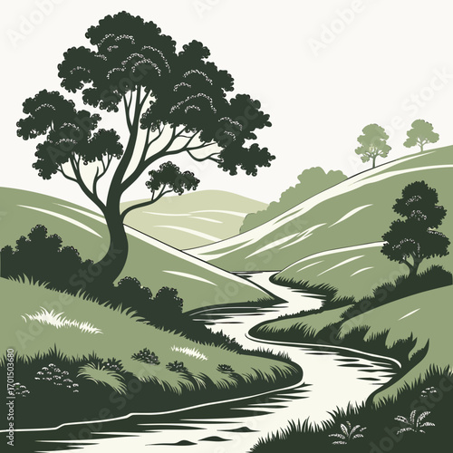 Stylized illustration of a winding river flowing through rolling green hills with a large tree