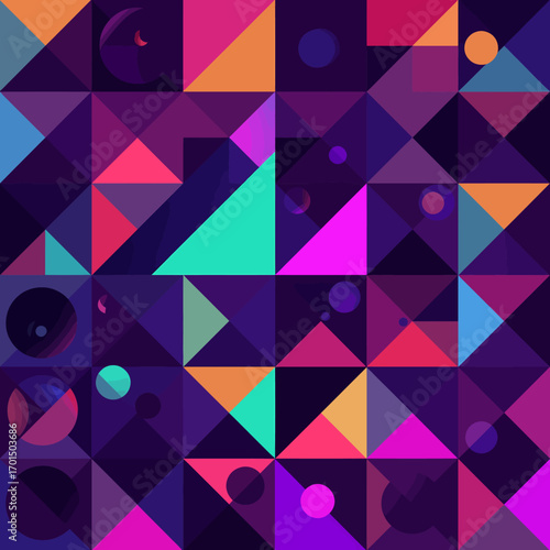 Vibrant geometric abstraction featuring a dynamic composition of colorful triangles, squares, and circles on a dark purple background