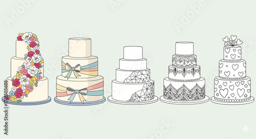 Variety of Artistic Tiered Wedding Cakes with Floral, Bows and Decorative Designs in a Row