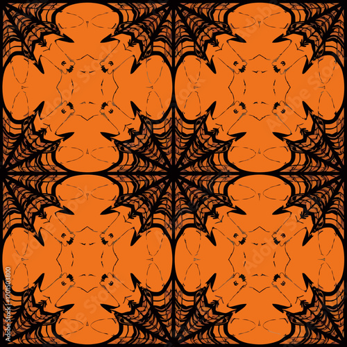 A symmetrical and repeating pattern of intricate black spiderwebs and spooky bats, creating a seamless and festive Halloween background design on a vibrant orange canvas