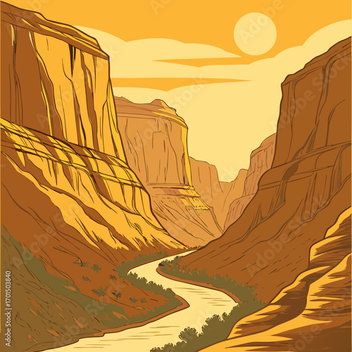 Stylized illustration of a winding river flowing through a vast canyon with layered rock formations under a warm sunset sky