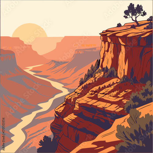 Stylized illustration of the grand canyon with a winding river and a warm sunset illuminating the vast geological formations