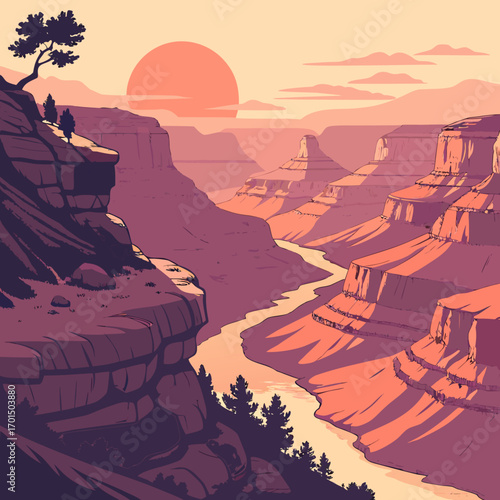 Stylized illustration of a vast canyon landscape with a winding river and a large sun setting in the distance