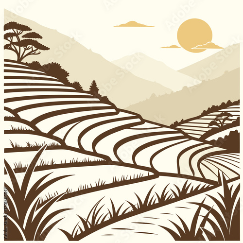 Stylized illustration of lush green terraced rice fields on a hillside under a warm sun and hazy mountains