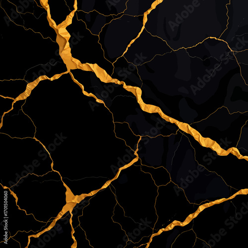 Luxurious black abstract background with golden veins, inspired by the kintsugi art of repairing cracks with gold