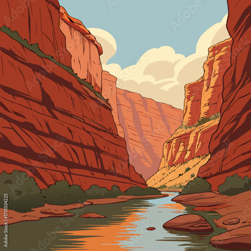 Stylized illustration of a majestic red rock canyon with a winding river reflecting the warm sunlight and clouds above