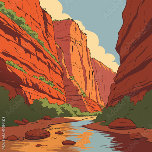Stylized illustration of a vibrant red rock canyon with a winding river reflecting the warm sunlight and blue sky overhead