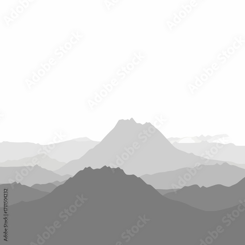 Abstract grayscale mountain range with multiple layered silhouettes fading into a minimalist distant horizon, creating a serene and modern landscape vista
