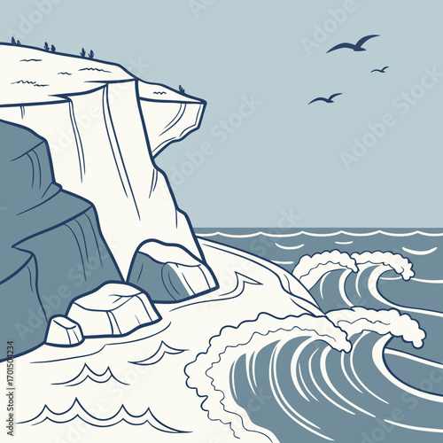 Stylized illustration of a dramatic ocean cliff face with crashing waves and soaring seagulls under a clear sky