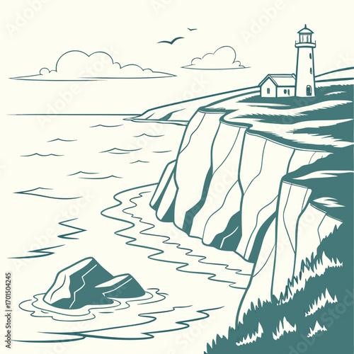 A solitary lighthouse stands tall on a rugged cliff overlooking the vast ocean with birds flying in the sky