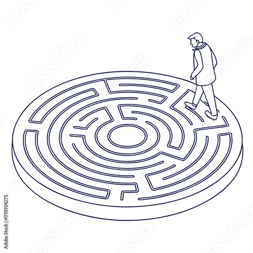 A lone person walks through a complex circular maze symbolizing a challenging decision or a difficult path ahead