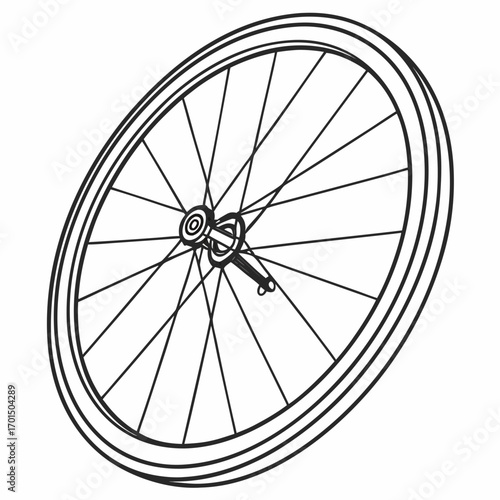 Detailed black and white line drawing illustration of a bicycle wheel with spokes and hub on a white background