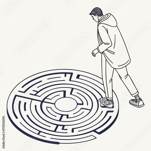 Young man wearing a hooded jacket stands at the entrance of a circular maze contemplating his next move