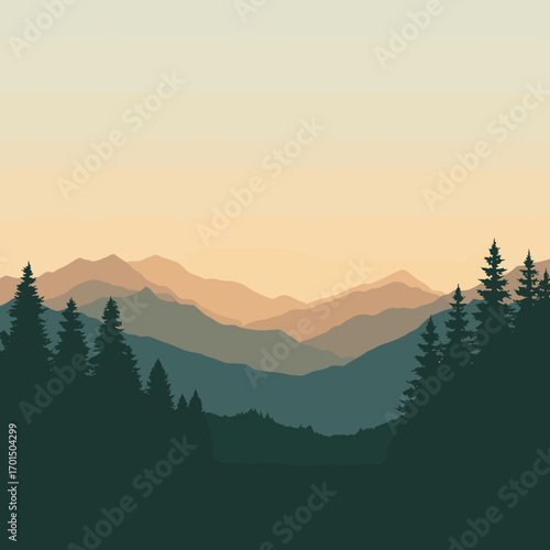Serene Mountain Range with Evergreen Trees at Sunset - A Minimalist Landscape Illustration