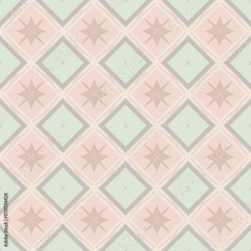 Delicate repeating geometric background with pastel pink and mint green diamonds and stars, creating a soft and timeless seamless design