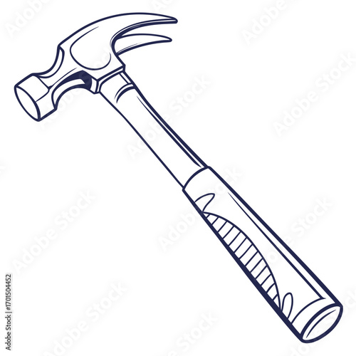 A simple line drawing of a claw hammer tool with a dark blue outline on a white background