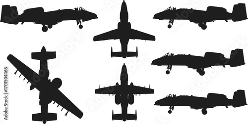 A-10, Thunderbolt, silhouette, aircraft, jet, military, warthog, aviation, fighter, top, side, front, rear, view, combat, plane