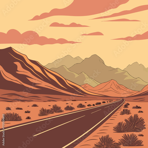 Endless desert highway stretching towards distant mountains under a warm cloudy sky at sunset