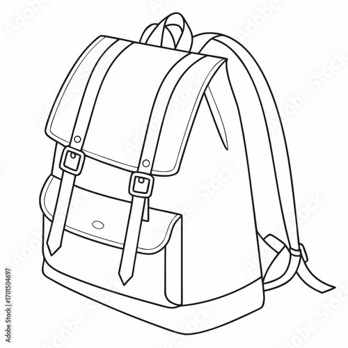 Classic black and white line art drawing of a vintage style backpack with buckle straps and flap pocket