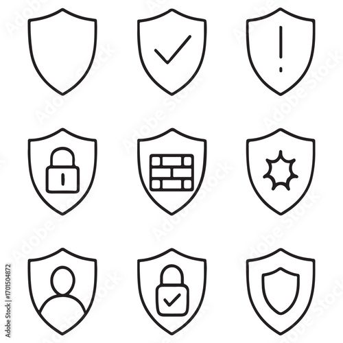 line art Shield icon. Featuring protection, guard, safety, security, firewall, safe, defense vector