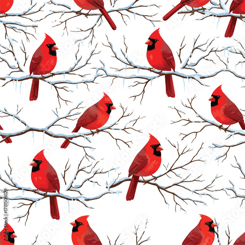 Seamless winter pattern with vibrant red cardinals perched on snowy tree branches against white background, patern seamless, royalty stock.