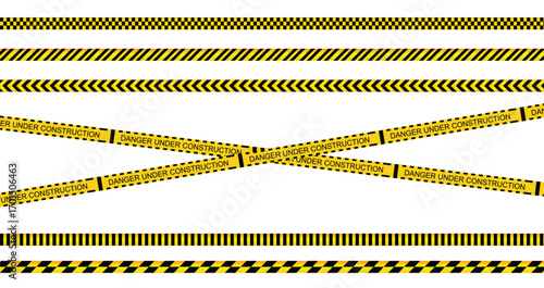 Seamless Vector Illustration Set of Yellow and Black Caution and Warning Tapes for Crime Scenes or Construction Areas