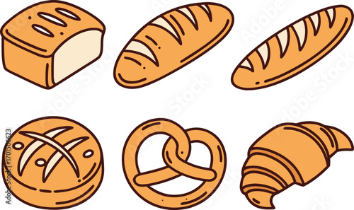 A Collection of Delicious Baked Goods: Bread, Croissant, Pretzel, and More vector Illustration