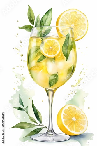 Elegant watercolor of Limoncello Spritz in a wine glass with citrus slice and ice cubes. Perfect for summer cocktail menus, bar branding, party invites, recipes, and beverage design.