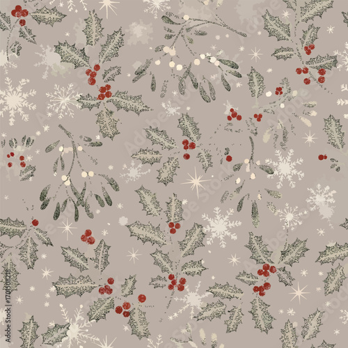 Seamless repeating pattern of holly, mistletoe, snowflakes, and stars on a neutral background., patern seamless, royalty stock.