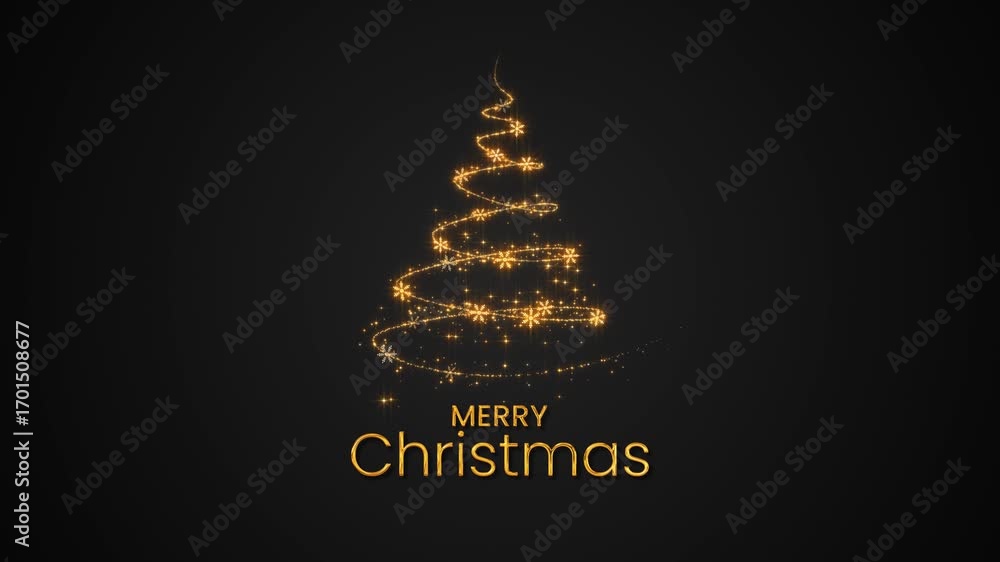 merry christmas text and tree with golden snowflakes and stars glitter on black animation, holiday new year card social media motion background