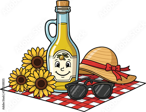 Cartoon Vector Olive Oil Bottle with Summer Picnic Scene