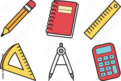 Collection of colorful school supplies: pencil, notebook, ruler, protractor, compass, vector Illustration
