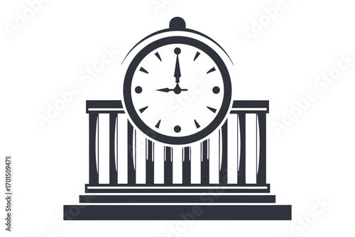 Clock Tower Icon with Building Silhouette on White Background Design