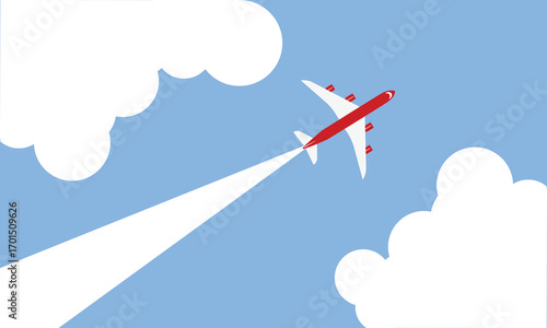 Illustration of simple airplane travel opens the background behind itself. Banner for a trip abroad on vacation. Copy space and negative space.