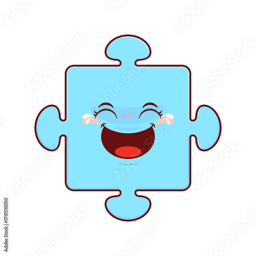 Blue puzzle piece laughing face cartoon cute