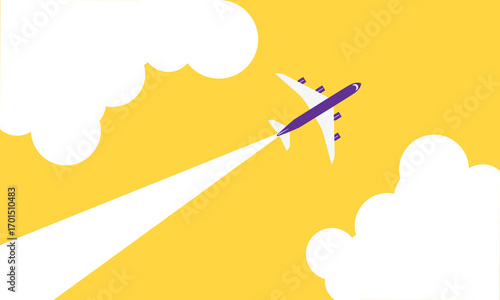 Illustration of simple airplane travel opens the background behind itself. Banner for a trip abroad on vacation. Copy space and negative space.