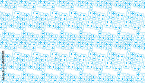 Blue geometric pattern of interconnected plus signs and rounded squares on white seamless
