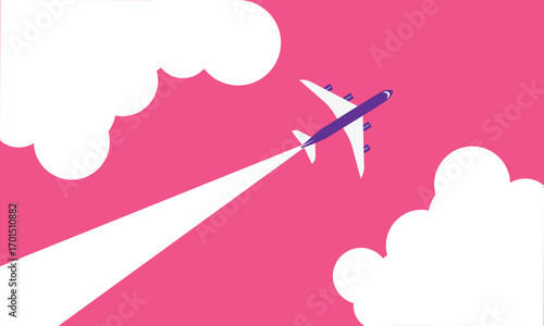 Illustration of simple airplane travel opens the background behind itself. Banner for a trip abroad on vacation. Copy space and negative space.