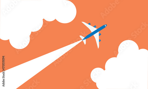 Illustration of simple airplane travel opens the background behind itself. Banner for a trip abroad on vacation. Copy space and negative space.