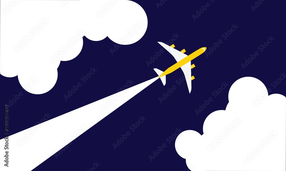 Naklejka premium Illustration of simple airplane travel opens the background behind itself. Banner for a trip abroad on vacation. Copy space and&nbsp;negative&nbsp;space.