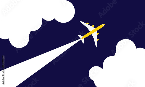 Illustration of simple airplane travel opens the background behind itself. Banner for a trip abroad on vacation. Copy space and negative space.