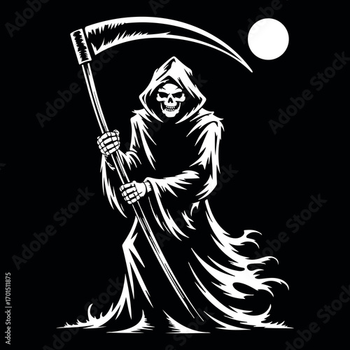 Grim Reaper Holding Scythe Dark Gothic Illustration.  Death Reaper Silhouette with Scythe and Moon Artwork. Scary Grim Reaper Skull Figure Halloween Design. Dark Horror Grim Reaper Scythe Vector Art