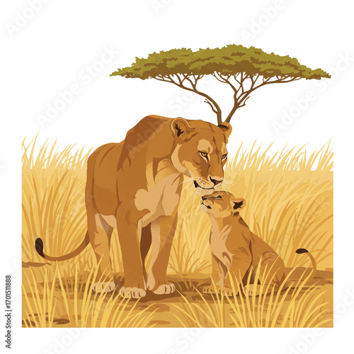 Vibrant flat 2D vector illustration of a majestic lioness gently nuzzling her playful cub amidst sparse golden African savannah grasses with a distant acacia tree.