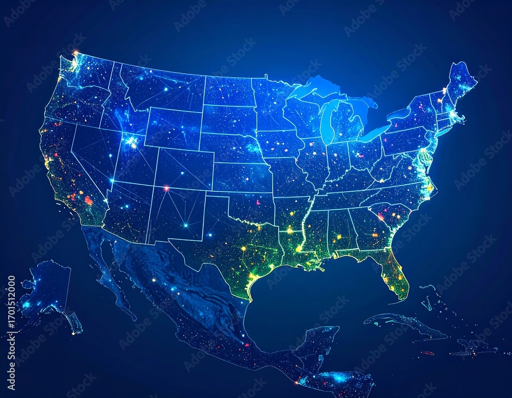 Fototapeta premium USA map with glowing city network