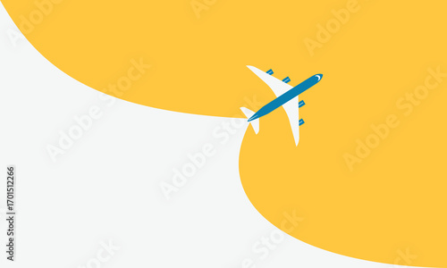 Illustration of simple airplane travel opens the background behind itself. Banner for a trip abroad on vacation. Copy space and negative space.