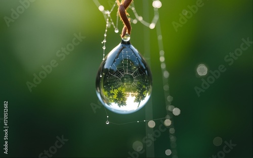 Extreme Macro of a Tiny Drop of Water Reflecting Nature on a Delicate Spider Web. High quality