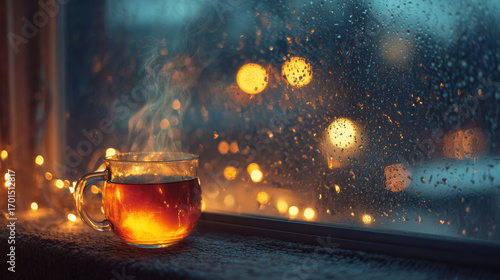 Winter Self-Care Rituals, enjoying a hot cup of tea beside a rainy window, embracing warmth, quiet and inner comfort.