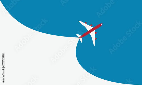 Illustration of simple airplane travel opens the background behind itself. Banner for a trip abroad on vacation. Copy space and negative space.