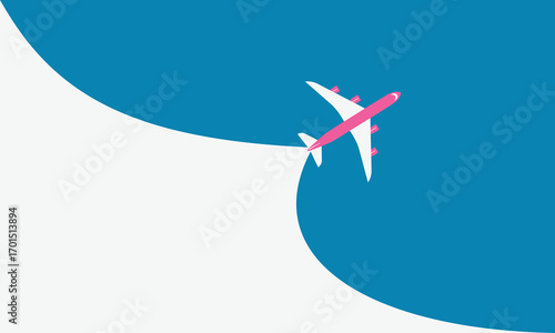 Illustration of simple airplane travel opens the background behind itself. Banner for a trip abroad on vacation. Copy space and negative space.